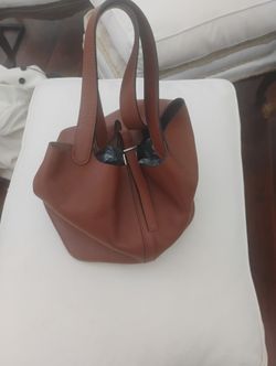 “AUTHENTIC”“HERMES” PICOTIN CLEMENCE BROWN LEATHER BUCKET BAG
