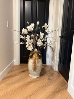 Large Rustic Ceramic Vase with Faux Florals