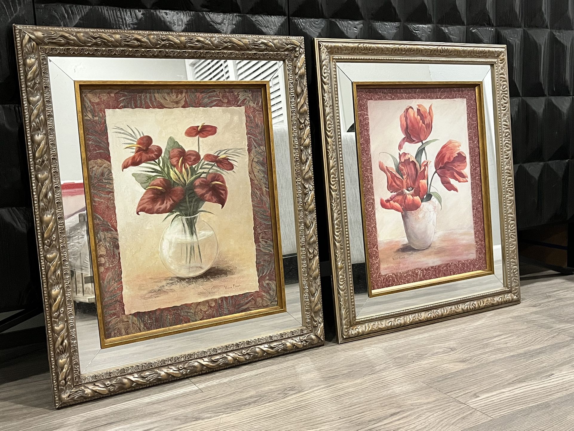 Vintage Framed Art Glass Border Set Of 2