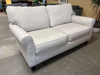 FUSION FURNITURE Ivory Fabric Roll Arm Sofa w/ Nailhead Trim