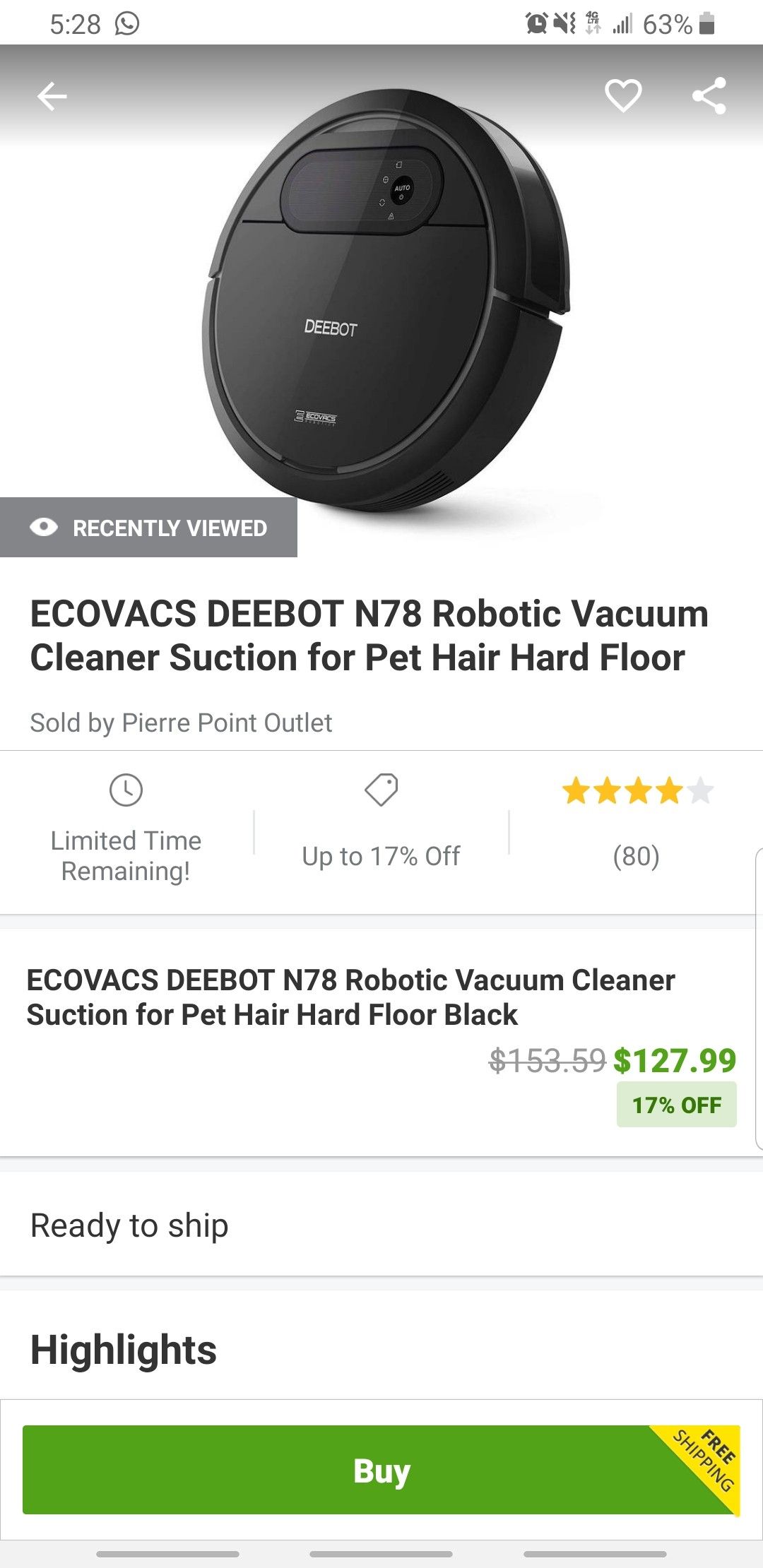 ECOVACS DEEBOT N78 Robotic Vacuum Cleaner Suction for Pet Hair Hard Floor