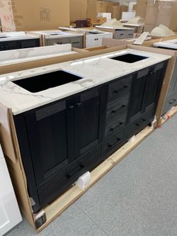 Bathroom vanity cabinet 72” solid mango Quartz top with sinks and backsplash