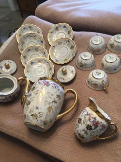 Johann Seltman  Vohenstrauß Bavaria No. 55 Floral Gold Trimmed Tea/Coffee Pot, Creamer, Sugar, Cups, & Saucers Set - Vintage