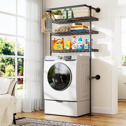 Wall-Mounted Over Washer and Dryer Storage Shelves, Without Moving Washer or Dryer Laundry Room Storage Rack with Hanger Rod, 35" W x 22" D