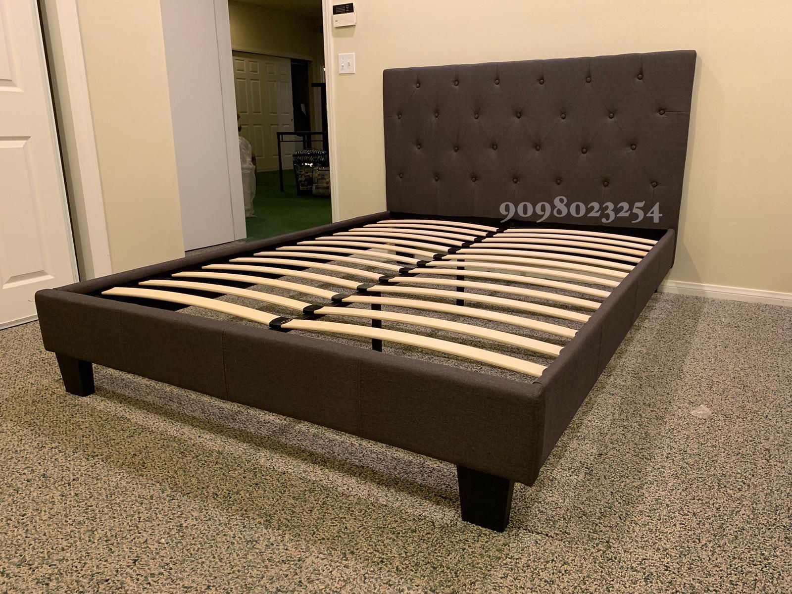 Queen dark gray tufted bed w. Orthopedic mattress included