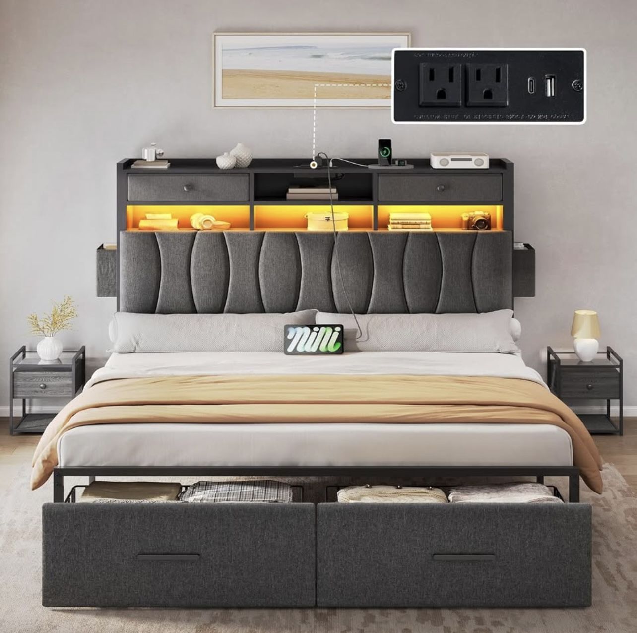 BED FRAME KING SIZE WITH STORAGE DRAWERS AND LED LIGHTING BRAND NEW IN BOX!!!