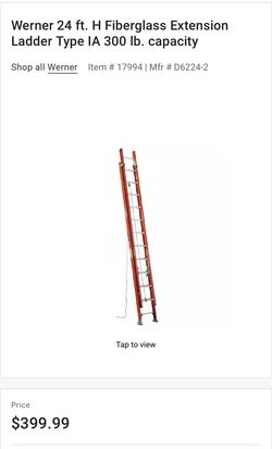 24 ft. H Fiberglass Extension Ladder Type IA 300 lb. capacity
