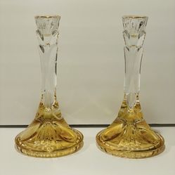Vintage SC Made in Italy Crystal Candle Holders Set of 2 Gold Trim 8.25” .