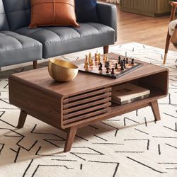 2002 Ensley Coffee Table, Mid Century Modern Table with Storage, Farmhouse Wood Coffee Table for Living Room Fluted (Walnut)