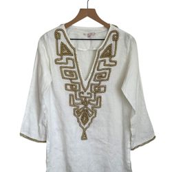 Barbara Gerwit 100% Linen V Neck Tunic Top Beaded Women's Med. 