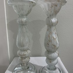 Unique Beautiful and Elegant Double Duty Art Glass white Gold Vase and Clear Candle Holder  10.5/8” H