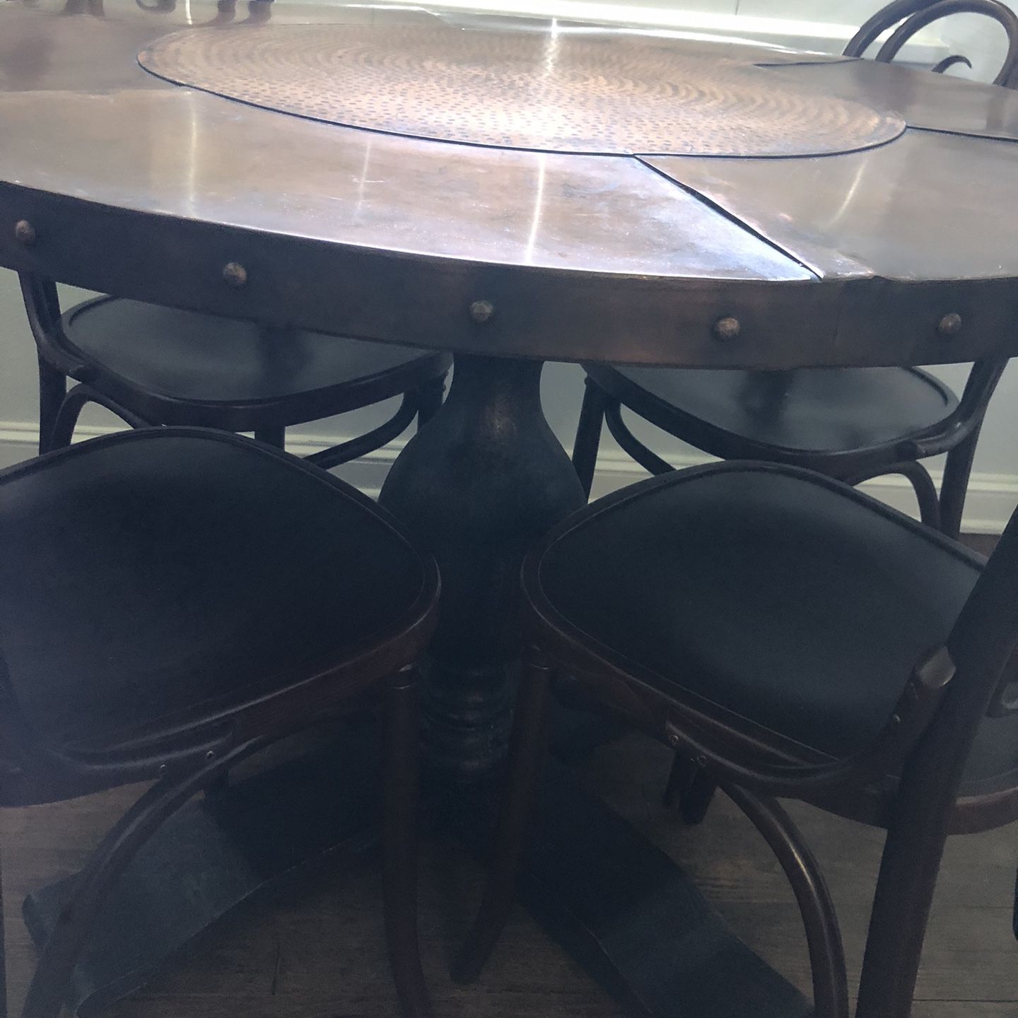 Copper 42” Round Pedestal Table With Black Base And 6 Bistro Chairs 