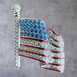Vtg Swarovski Crystal American Flag Brooch Pin Silver Tone Red Enamel Retired 4th of July