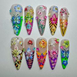 Floral French Tip Press On Nails with Animal Prints, Chrome and Butterflies (Size Medium)