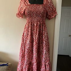 Vestido Floral De Estilo Campestre Rojo Estampado Con Pequeñas Flores Size M/L