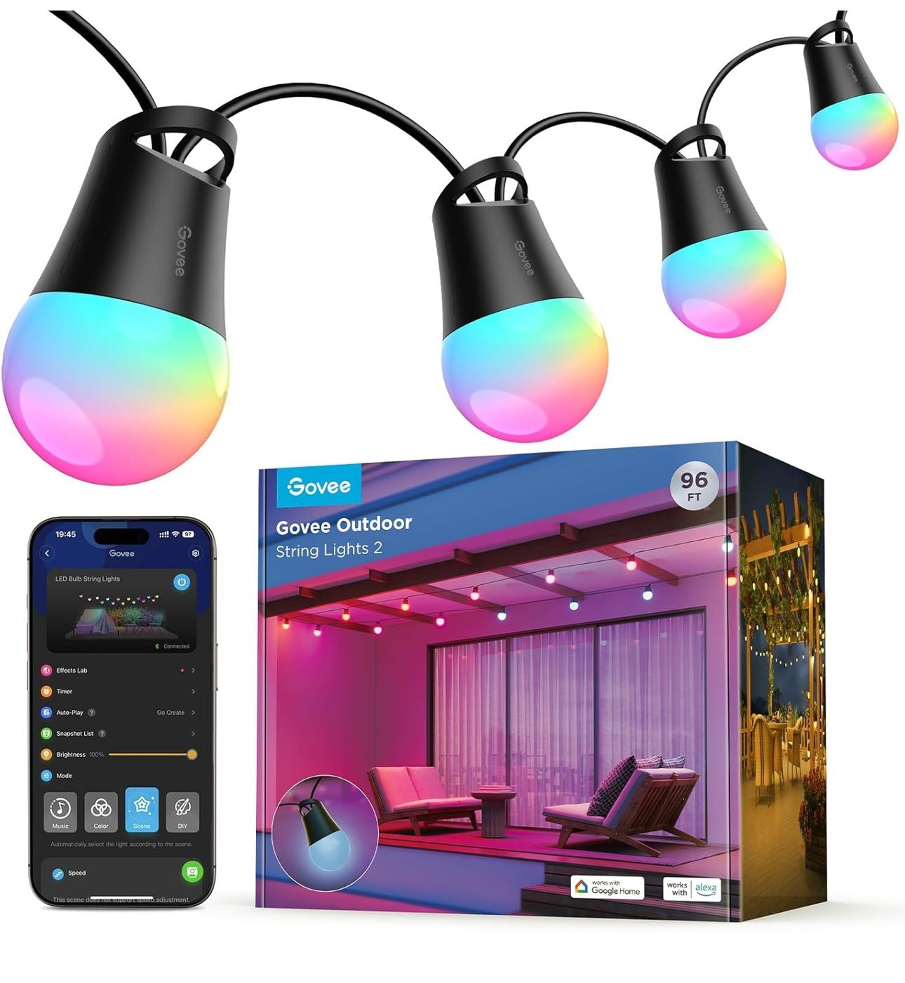 Govee Smart Outdoor String Lights 2, 96ft RGBIC Outdoor Lights with Dimmable Warm White LED Bulbs, 47 Scene Modes for Patio, Backyard, IP65 Waterproof