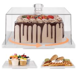 BRAND NEW IN BOX Square Cake Charcuterie Rotatable Stand Board w/Lid Marble Cake Plate w/ Acrylic Cover
