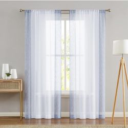 Blue White Sheer Linen Curtain Color Block Window Treatment For Bedroom,Balcony,Living Room,Rod Pocket Design,40Wx63L 2 Panels,Blue And Whit