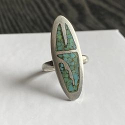Turquoise Ring Vintage 925 Solid Sterling Silver Native American Crushed Turquoise Ring Handmade