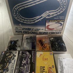 Tamiya Mini 4WD Complete Set: 2-Level Oval Track + 6 Cars (3 New Sealed) + Tons of Upgrade Parts