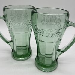 Vintage Coca Cola Libby Green Glasses/Mugs W/Handles Set of 2