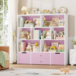 Book Storage Organizer, Large Bookshelf with 4 Drawers and 7 Cubbies, Bookcase with Hidden Wheels for Playroom, Pink