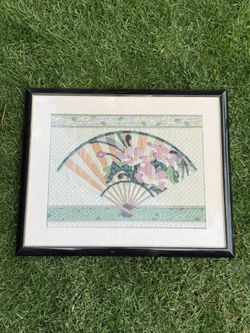 Vintage Yarn Woven Artwork Asian Fan Flowers
