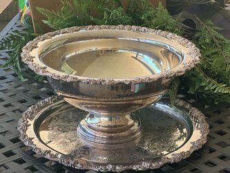 Preowned, vintage silver plated, large punch bowl, and serving platter