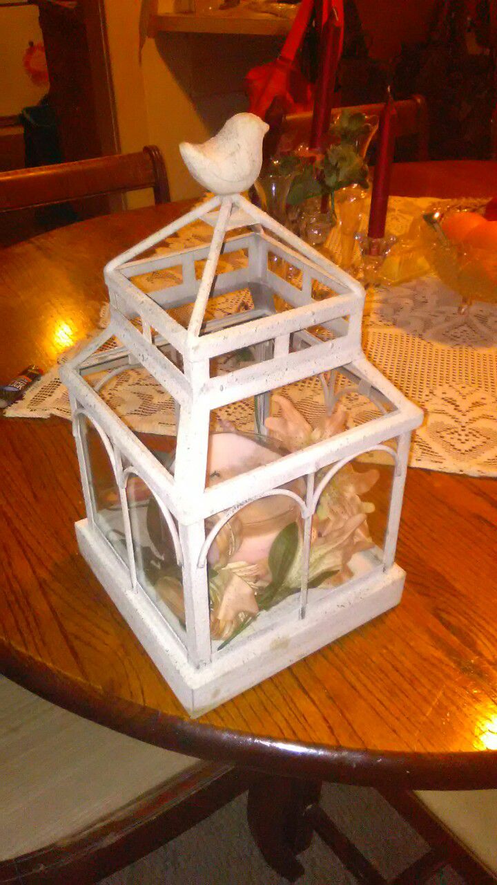 Party Lite 3 Wick Candle and Large White Distressed and Glass Bird House Center Piece.