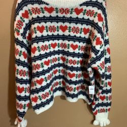 Old Navy Crew Crop Sweater with Red Hearts & Navy Fair Isle Stripes - NWT