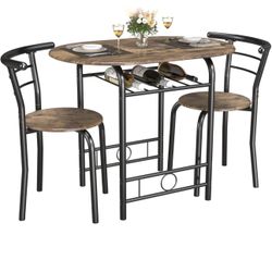 3-Piece Wooden Round Table & Chair Set, Space Saving Kitchen Breakfast Nook Wood Grain Tabletop with Metal Frame and Built-in Wine Rack for Kitchen, D