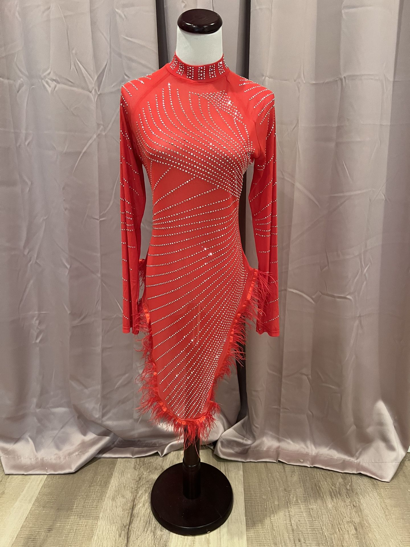 Sheer Red Party Dress With Rhinestones 