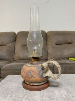 Vintage Handmade Studio Pottery Oil Lamp with Sculptural Handle & Glass Chimney
