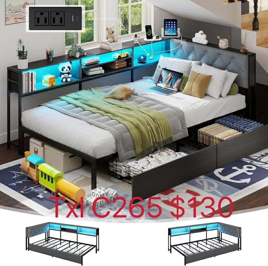 Corner Bed Frame with Storage Bookcase and LED Lights Twin Platform Bed (c265)