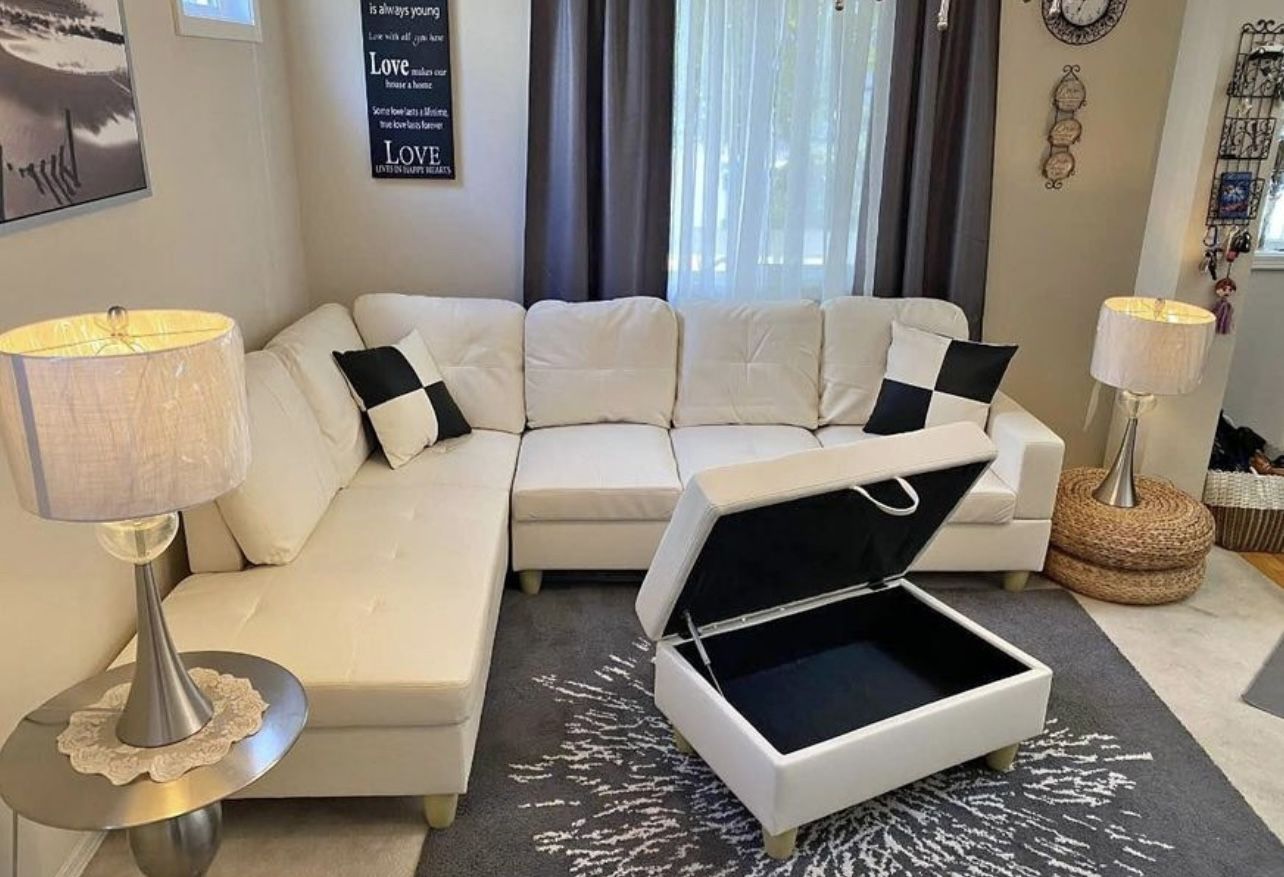 White Leather Sectional Couch And Ottoman