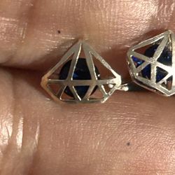 Diamond Designed Sterling Silver Earrings With Blue Gemstones Inside The Diamond Shapes