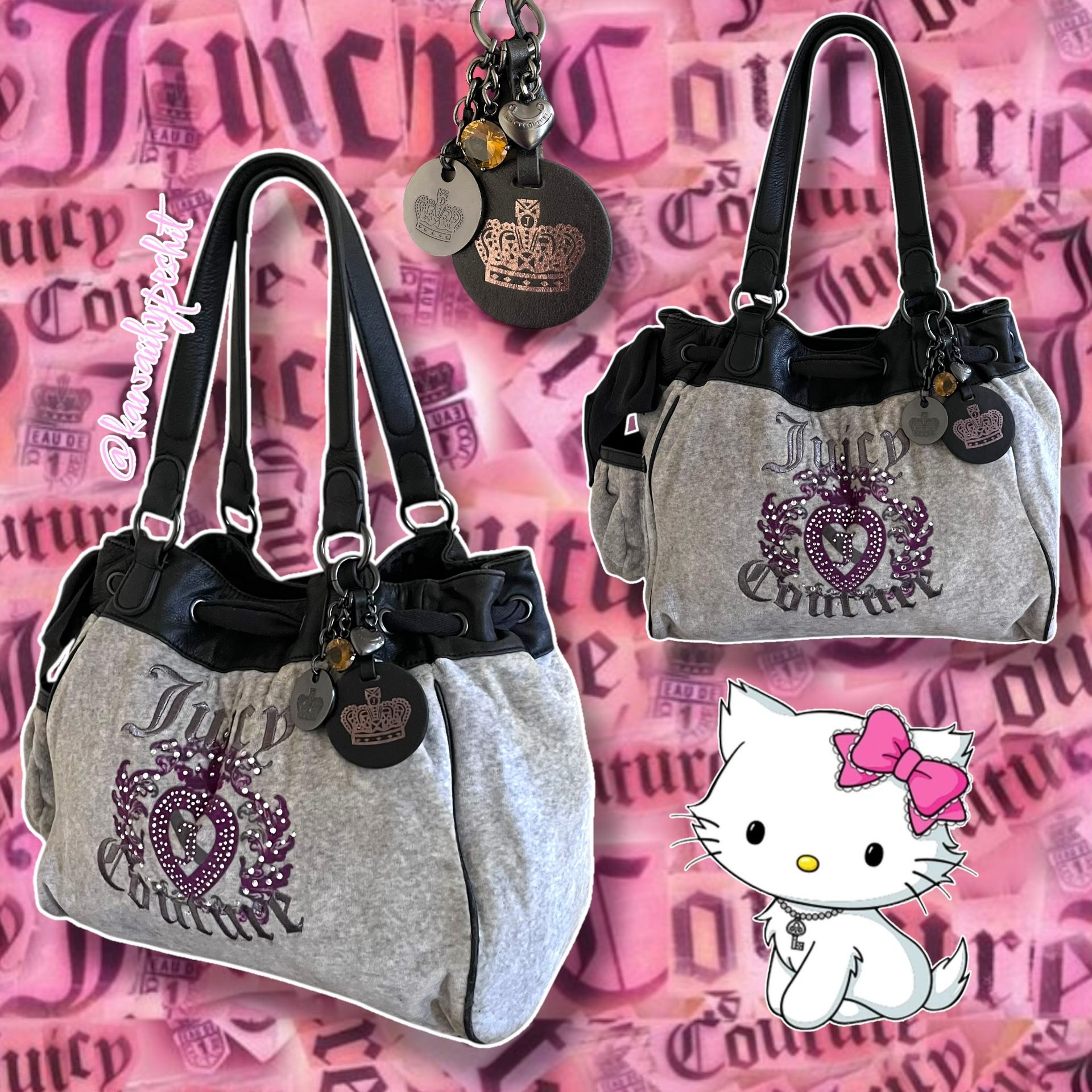 Vintage Y2K Juicy Couture Daydreamer Bag w/ Bedazzled Rhinestones "Gray/Grey, Black, & Purple Magenta"