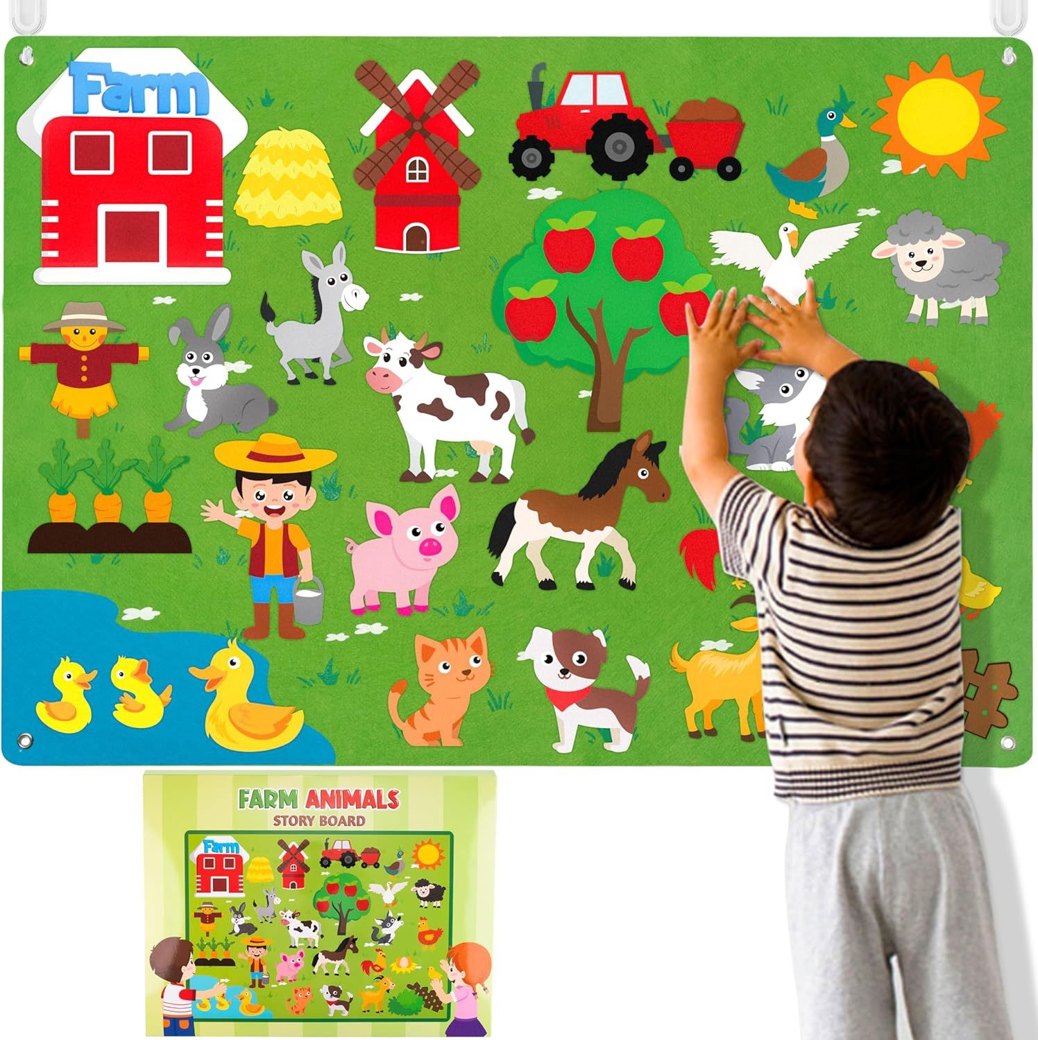 Farm Animals Felt Story Board Set 3.5Ft 38Pcs Preschool Farmhouse Themed Storytelling Flannel Barnyard Domestic Livestock Early Learning Interactive P