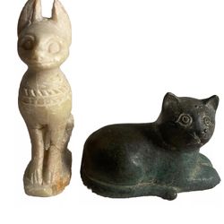 Vintage Cat Figurine LOT stone carved Bastet  Bronze small sitting kitty MCM