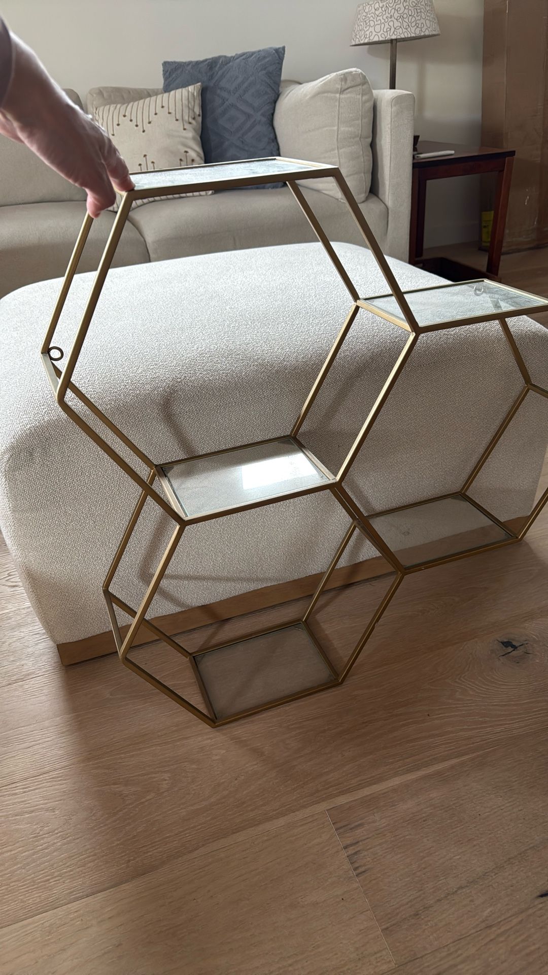 Hexagon Shelf Gold With 5 Glass Shelves.