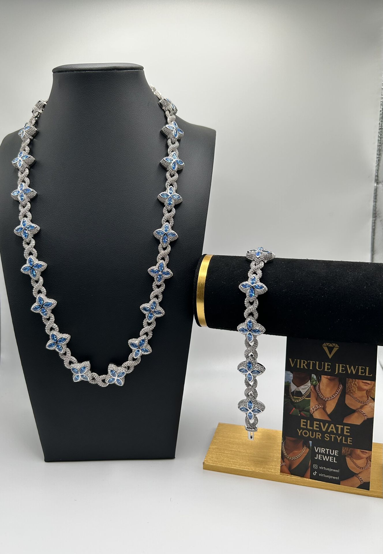Flower 4 Leaf Clover Iced Out Premium Quality Chains & Bracelet Silver Blue