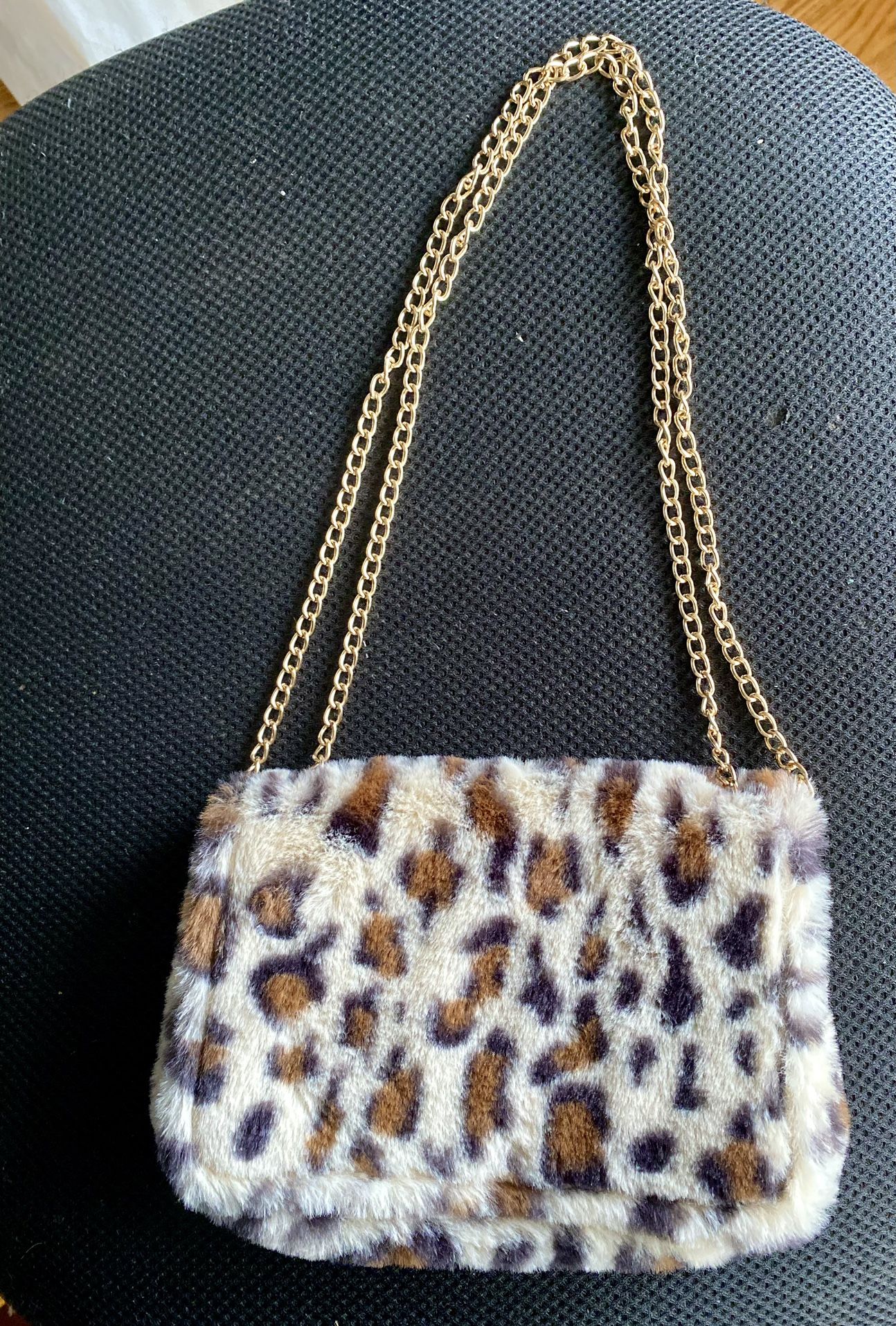 Capelli Faux Fur Leopard Print Shoulder or Crossbody Clutch Bag Gold Chain Strap.