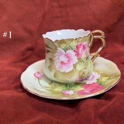8 Lefton China green heritage rose hand painted teacup and saucer sets  #3067