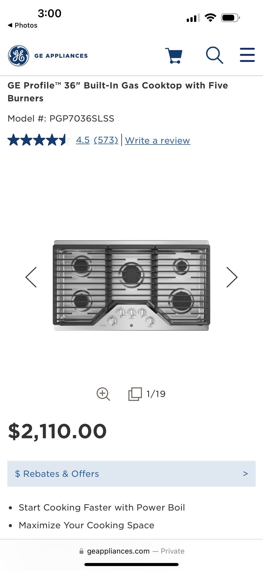 GE Profile™ 36" Built-In Gas Cooktop with Five Burners Model #:PGP7036SLSS