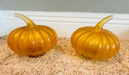 Set of 2 Crate &Barrel Amber Frosted Glass Pumpkins