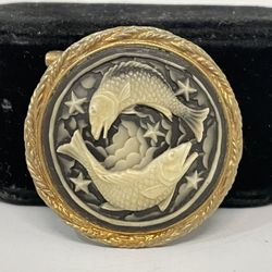 Vintage Pisces the Fish Cameo Brooch with Gray Taupe Background & White Fish