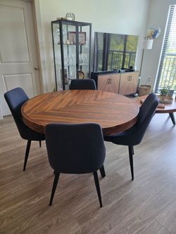 Round Dining Table + 4 Blue Fabric Chairs