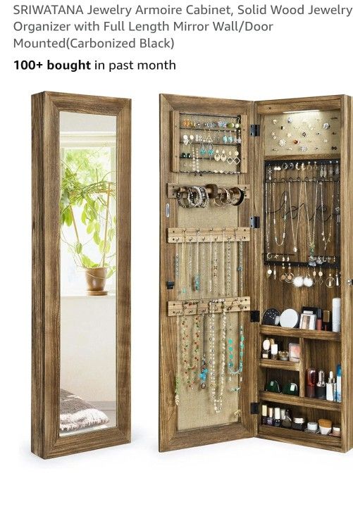 New SRIWATANA Jewelry Armoire Cabinet, Solid Wood Jewelry Organizer with Full Length Mirror Wall