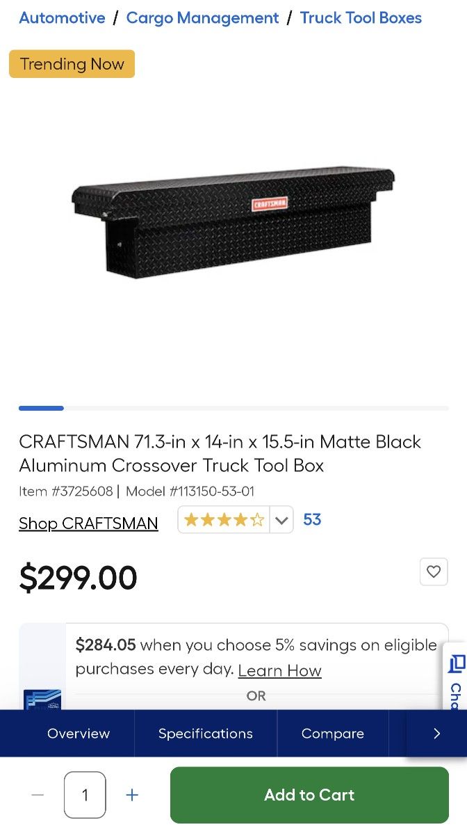 CRAFTSMAN 71.3-in x 14-in x 15.5-in Matte Black Aluminum Crossover Truck Tool Box
New