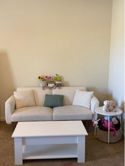 Modern Cream Boucle Futon Sofa Bed w/ Gold Legs